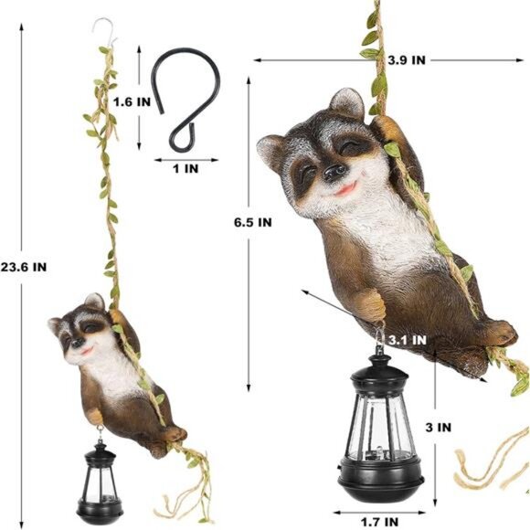 1 Pack Solar Light Statues, 6.5"H Resin Raccoon Climbing On A 23.6"L Vine - Picture 2 of 8